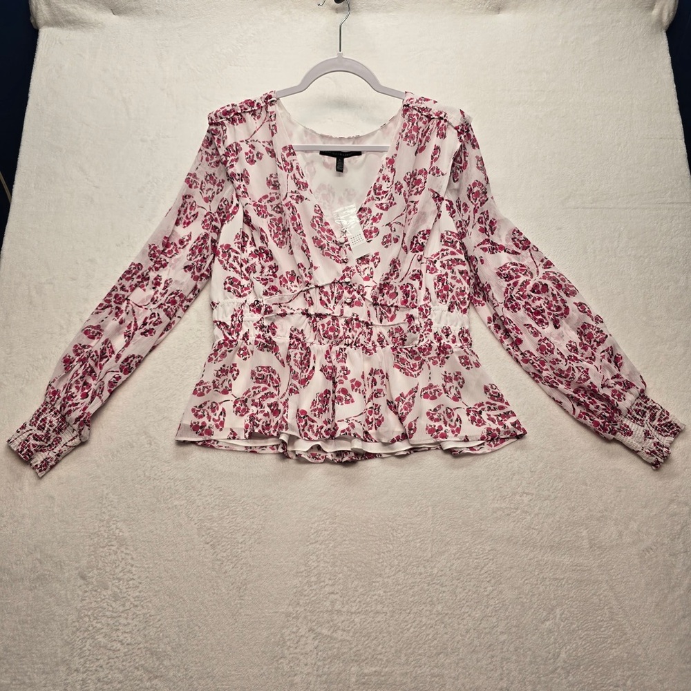 White House Black Market White Blouse with Pink Floral Print
